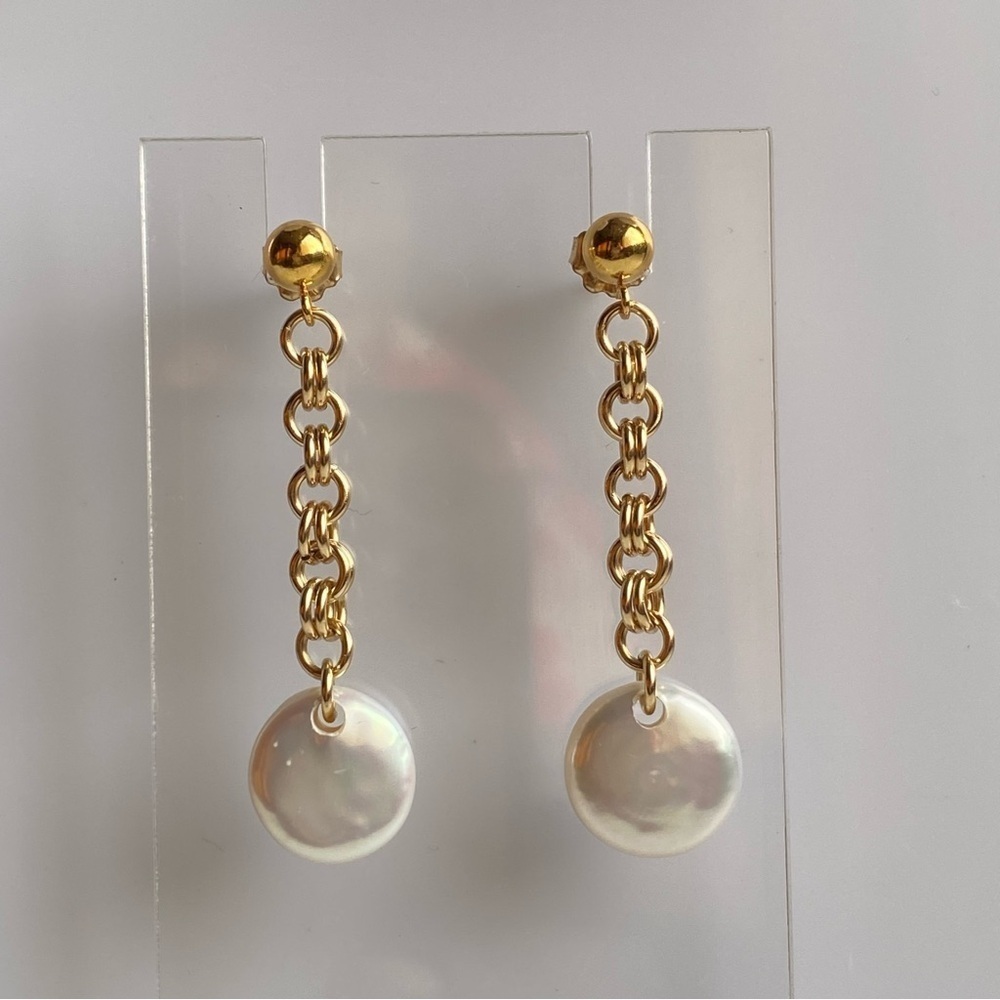 14K Gold filled Coin Pearl Chain Earrings